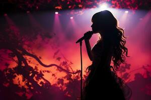 à moda fotografia do folclore menina cantando para uma microfone em estágio. ai generativo foto