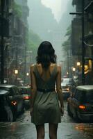 vídeo do menina em pé sozinho dentro cidade rua com costas visualizar. ai generativo foto