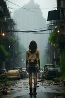 vídeo do menina em pé sozinho dentro cidade rua com costas visualizar. ai generativo foto