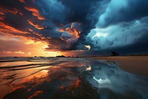uma tormentoso céu e nuvens refletido dentro água. ai generativo foto