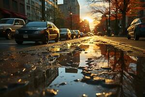 ensolarado dia depois de a chuva, urbano ao vivo, moderno cidade. ai generativo foto