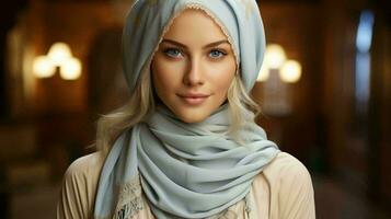 lindo mulher dentro árabe muçulmano oriental lenço de cabeça face fechar-se foto