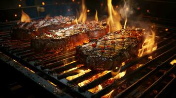 delicioso carne frito bifes em a grade cozinhou em fogo foto