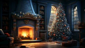 uma quarto com uma lareira e uma Natal árvore decorado para a Novo ano e Natal feriado foto