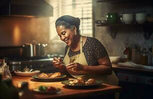 Preto maduro mulher cozinheiros. gerar ai foto