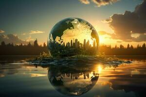 uma ampla cristal bola com verde cidade dentro em a água dentro a raios do a pôr do sol. humanidade. Salve  a ambiente. foto