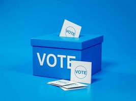 3d Renderização do azul eleição caixa com eleição papéis isolado em azul fundo. 3d ilustração. foto