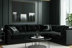 moderno vivo quarto Projeto com confortável sofá e elegante decoração. generativo ai pró foto