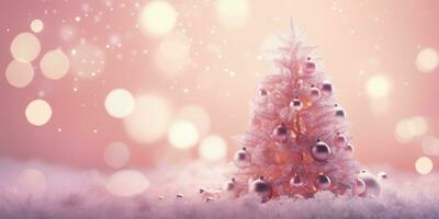 ai gerado Rosa Natal árvore com bugiganga suspensão em a Natal árvore com espumante luz ver. foto
