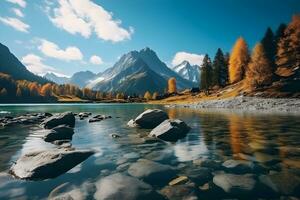 lindo outono montanha natureza lago com azul céu. generativo ai. foto