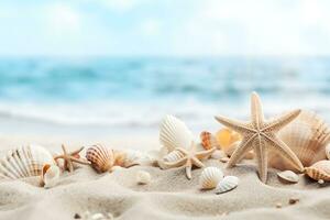 de praia mar temático com lindo cartuchos, corais e estrelas do mar em puro branco areia, verão conceito. generativo ai. foto