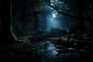 Sombrio floresta às noite dentro lua light.generative ai foto
