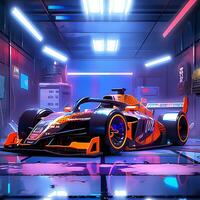 uma colorida corrida carro dentro a garagem Renderização a futuro foto