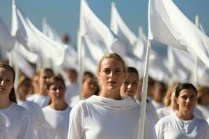 branco bandeira tremulando no meio historicamente vestido participantes dentro digno cerimônias foto