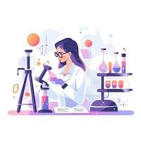 profissional fêmea remédio cientista dentro protetora Óculos pesquisando tubo reagentes foto