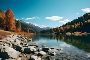 lindo outono montanha natureza lago com azul céu. generativo ai. foto