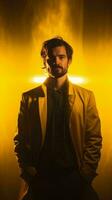 homem posando dentro amarelo light.generative ai foto