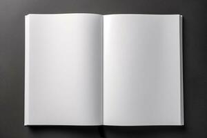 topo Visão livro brincar com aberto livro em branco branco página em Sombrio cinzento fundo, gerado por IA foto