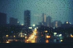 enevoado noite janela com chuva gotas borrado background.generative ai foto