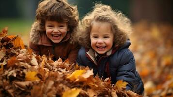 adorável crianças jogando dentro pilhas do outono folhas foto