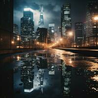 cintilante cidade luzes refletido dentro vidro arranha-céus foto