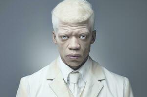 afro-americano albino brutal sério homem com justo pele, branco encaracolado cabelo, azul olhos e cicatrizes em dele face. dentro uma branco jaqueta, camisa e gravata. parece às a Câmera. em limpar \ limpo fundo. ai gerado foto