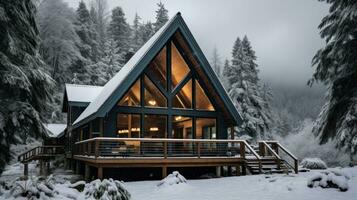 acolhedor cabine com Nevado montanha Visualizações foto