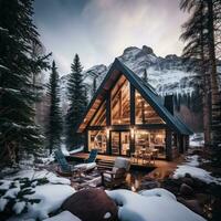 acolhedor cabine com Nevado montanha Visualizações foto