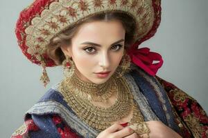 retrato do uma elegante lindo mulher dentro tradicional roupas vestindo uma chapéu. generativo ai pró foto