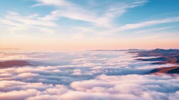 aéreo Visão branco nuvens dentro azul céu. topo. Visão a partir de drone. aéreo pássaro olho. aéreo topo Visão cloudscape. céu fundo, generativo ai ilustração foto