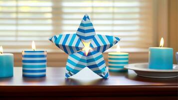 hanukkah festivo celebração conceito, brilho do a menorah com brilhando velas e estrela, generativo ai ilustração foto