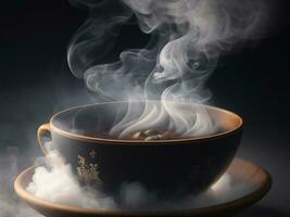 Sombrio elegância vapor sobe a partir de fresco Preto café, generativo ai. foto