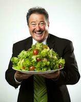 alegre gordo Gerente segurando uma fresco salada isolado em uma branco fundo foto