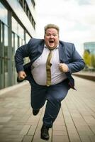 gordo homem de negocios corrida ao ar livre fundo com esvaziar espaço para texto foto