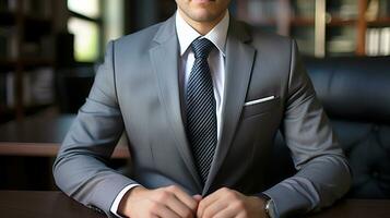 jovem homem esperando para trabalho entrevista vestindo formal terno e gravata, pronto para trabalhar, trabalho reunião, o negócio homem, ai generativo foto