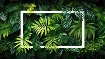 tropical selva branco quadro, tropical floresta tropical folhagem plantas arbustos dentro tropical jardim com branco quadro, Armação , verde variegado folhas quadro, Armação natureza, ai generativo foto