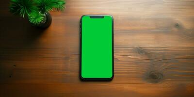 brincar Móvel telefone com verde tela em de madeira mesa topo Visão disposição, ai generativo foto