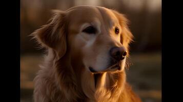 fechar acima lindo Loiras dourado retriever cachorro sentar, olhando e encarando às alguma coisa com natureza fundo. ai gerado foto