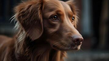 fechar acima retrato do Castanho nova Escócia Pato pedágio retriver cachorro olhando às algo. ai gerado foto