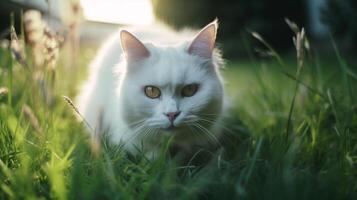 a branco turco angorá gato silenciosamente se escondendo dentro dele apoio para os pés e pronto para saltar dentro e jogar dentro a meio do verde grama. ai gerado. foto