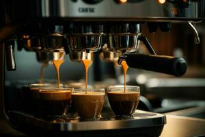 espresso derramando a partir de café máquina às cafeteria. ai generativo pró foto