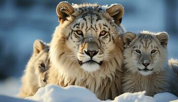 majestoso tigre escondido, olhando fixamente, inverno região selvagem, tranquilidade dentro natureza gerado de ai foto