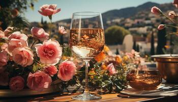 uma romântico verão celebração com vinho, flores, e elegância gerado de ai foto