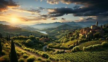 tranquilo pôr do sol sobre italiano Vinhedo, uma pitoresco rural panorama gerado de ai foto