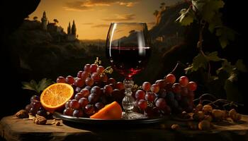 uva fruta vinho Comida mesa natureza gourmet copo de vinho madeira outono beber álcool frescor bebendo gerado de ai foto