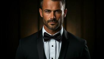 confiante homem de negocios dentro terno, barba, e arco gravata, olhando elegante gerado de ai foto