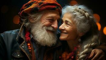 sorridente adultos abraçando amor, felicidade, e união dentro aposentadoria celebração gerado de ai foto
