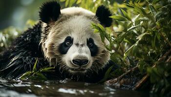 fofa panda sentado dentro a floresta, comendo bambu, olhando brincalhão gerado de ai foto