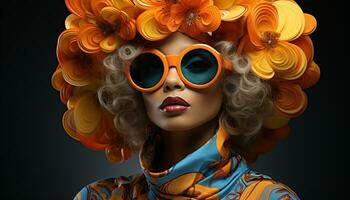 lindo moda modelo com oculos de sol e encaracolado Loiras cabelo sorridente gerado de ai foto