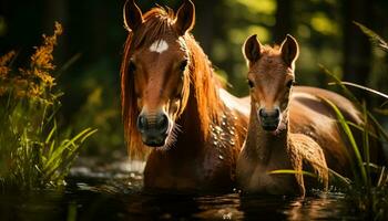 uma sereno Prado com uma lindo cavalo pastar perto uma lagoa gerado de ai foto